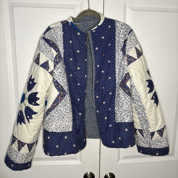 Handmade Quilt Coat Upcycled Patchwork Open Front Blue Shacket Jacket Floral - Picture 2 of 7